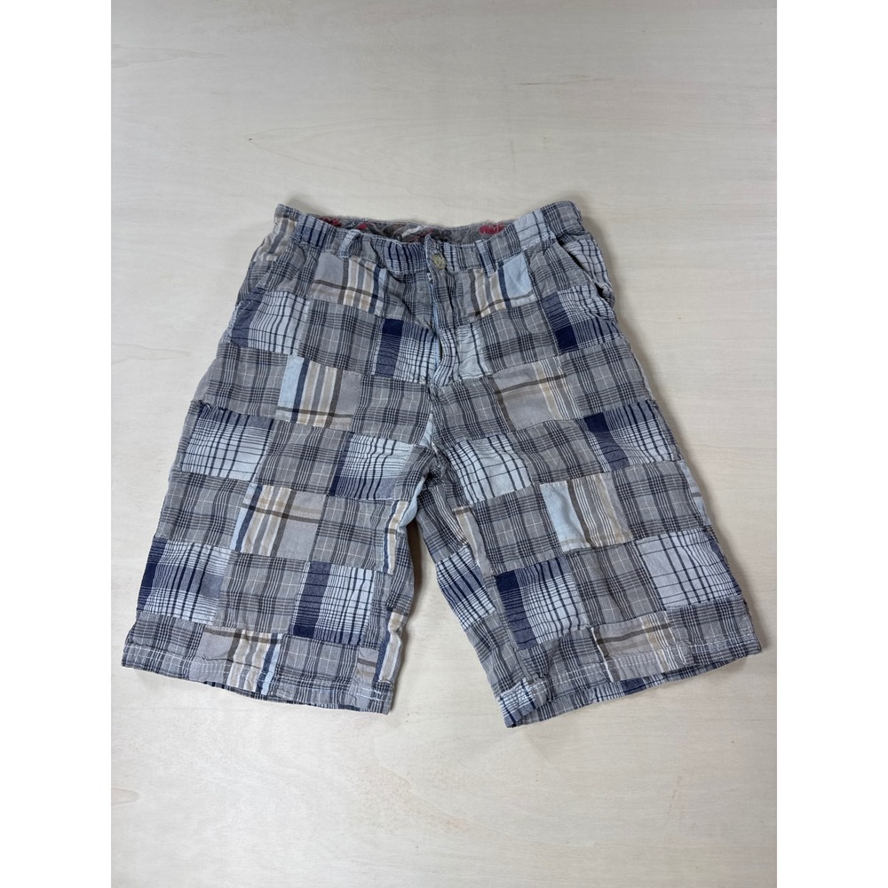 Airwalk Kids Boys Patchwork Plaid Shorts Grey Blue Skate Size 16 Elastic Waist